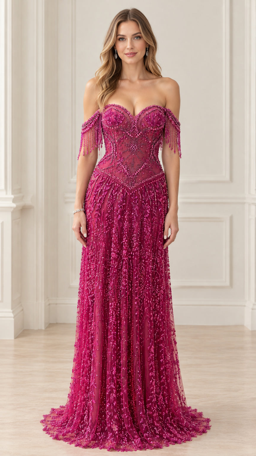 Front view of model wearing magenta beaded corset evening gown with off-shoulder tassel sleeves
