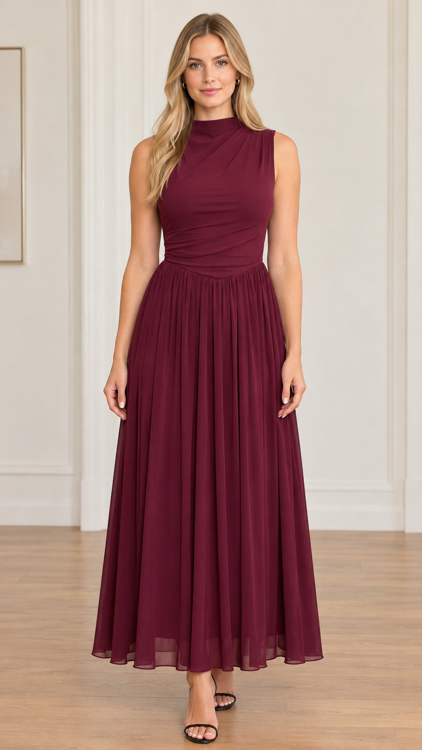 Full front view of model wearing burgundy sleeveless mock neck pleated maxi dress