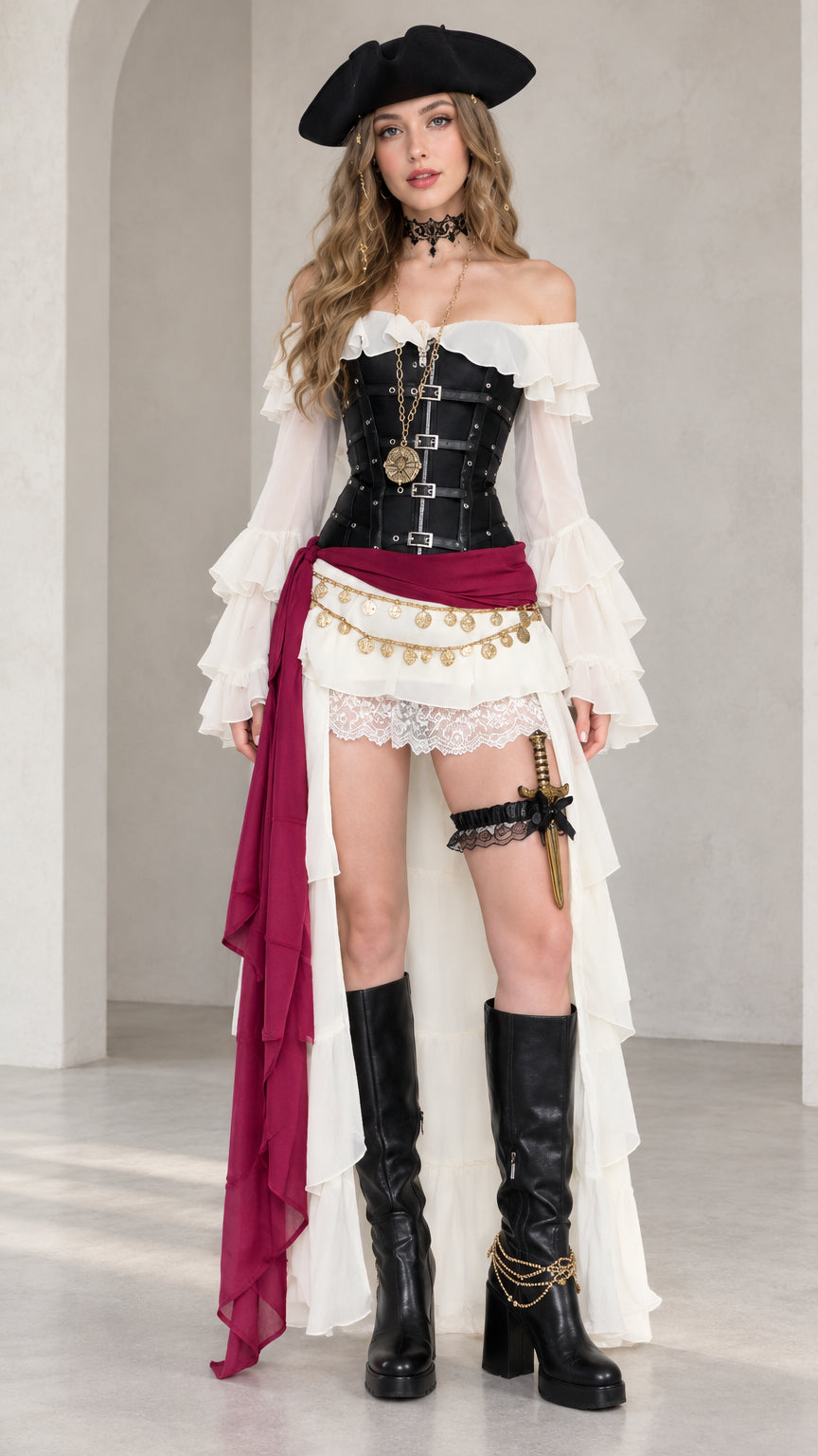 Full front view of women's black renaissance pirate costume set with off-shoulder blouse and burgundy sash