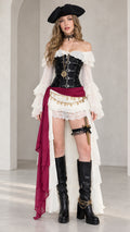 Full front view of women's black renaissance pirate costume set with off-shoulder blouse and burgundy sash