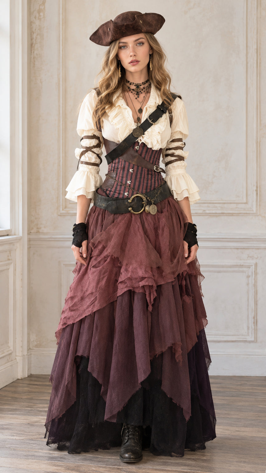 Front full-length view of woman in wine red renaissance pirate corset maxi dress