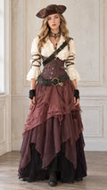 Front full-length view of woman in wine red renaissance pirate corset maxi dress