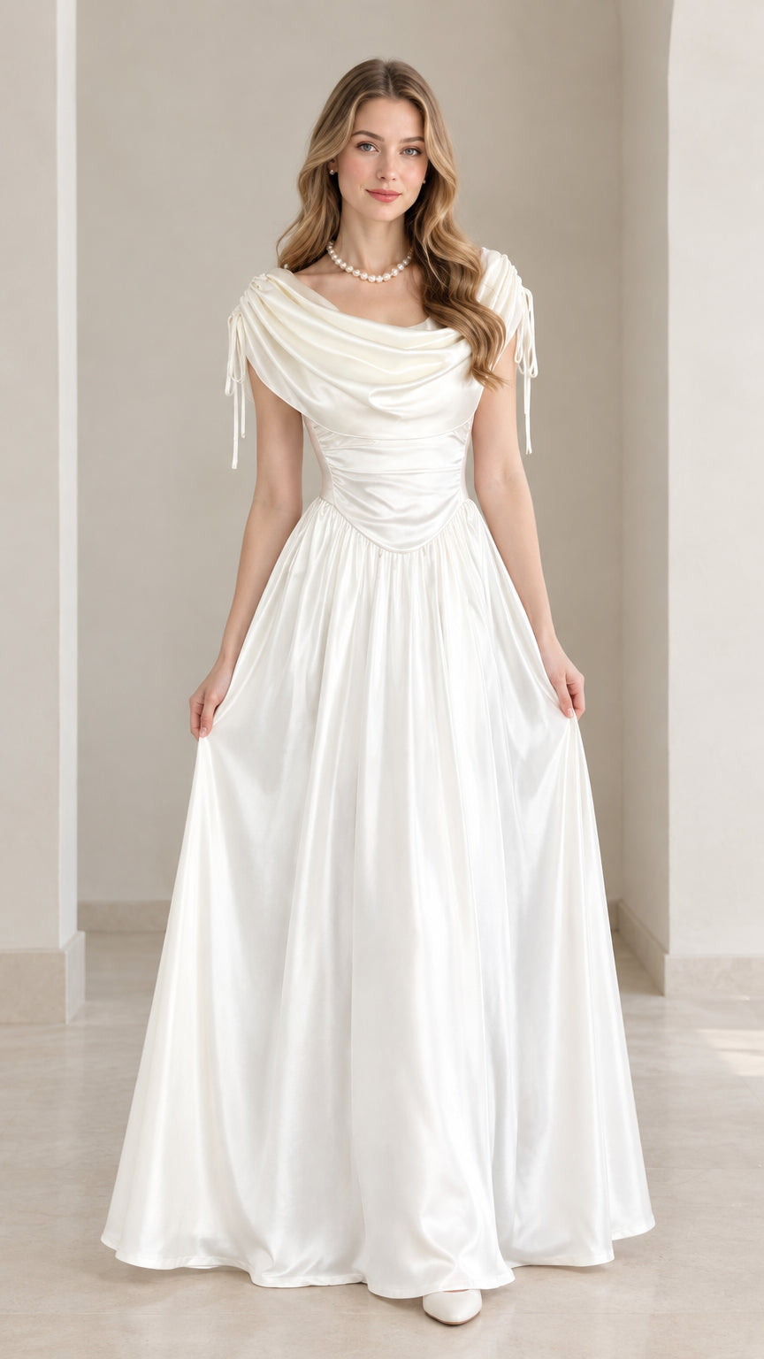 Front view of model wearing white draped cowl neck satin evening maxi dress