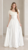 Front view of model wearing white draped cowl neck satin evening maxi dress