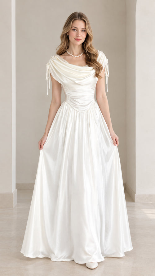 Front view of model wearing white draped cowl neck satin evening maxi dress