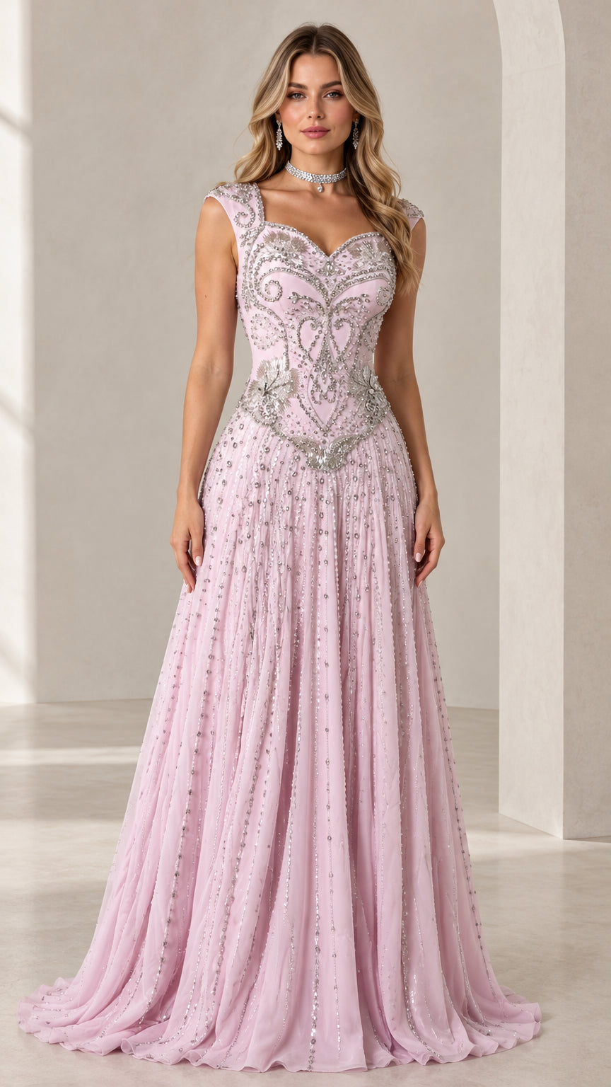 Front full-length view of model wearing Blush Pink beaded sweetheart basque waist evening gown