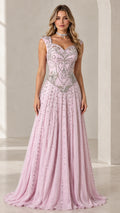 Front full-length view of model wearing Blush Pink beaded sweetheart basque waist evening gown