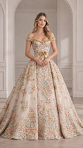 Champagne floral embroidered off-the-shoulder ball gown front view