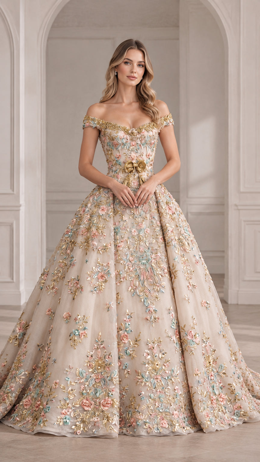 Champagne floral embroidered off-the-shoulder ball gown front view