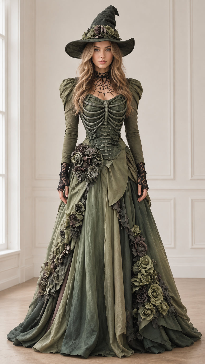 Full front view of the moss green Victorian gothic witch gown with sculpted ribcage bodice and witch hat