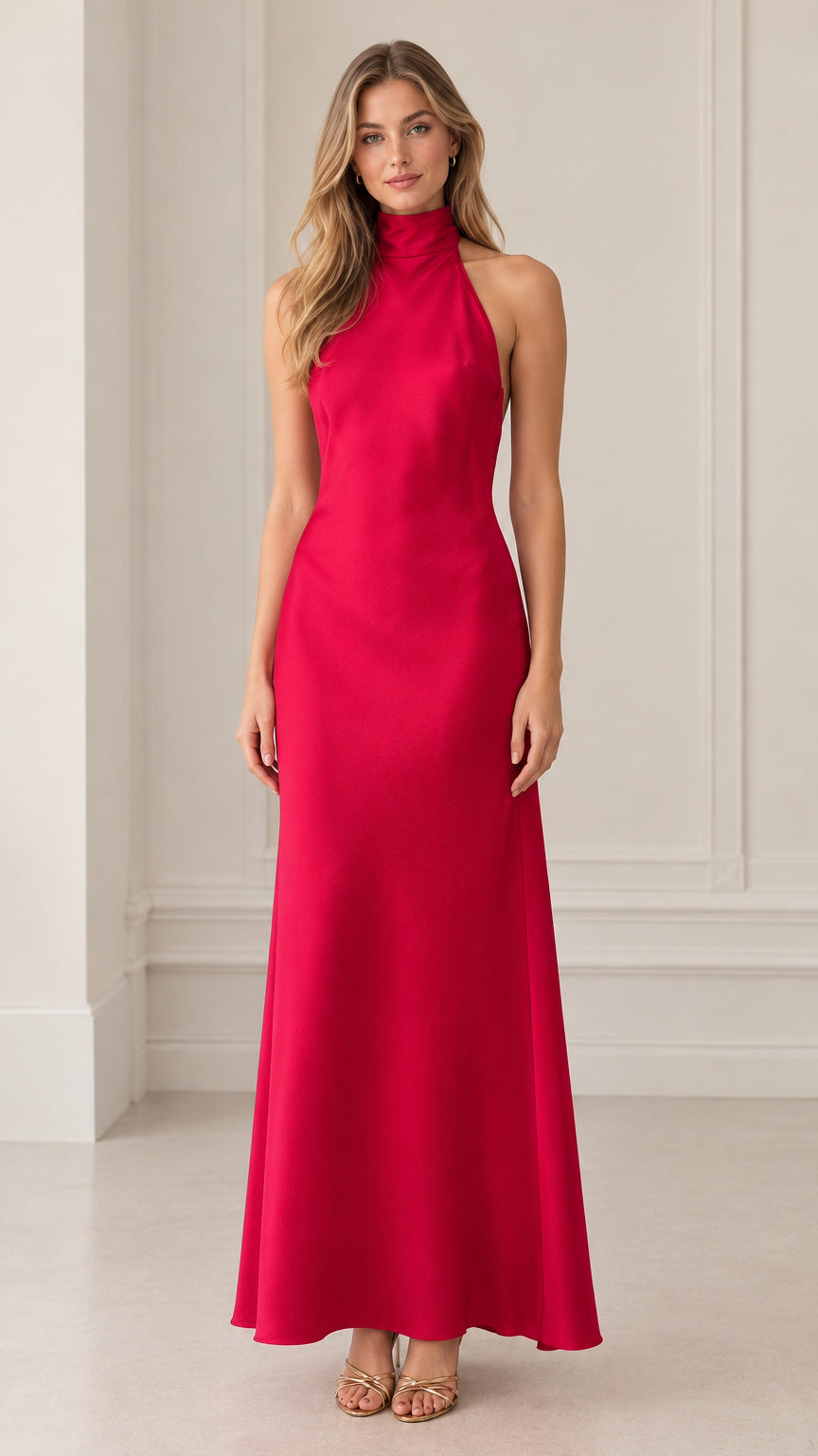 Front view of model wearing fuchsia halter neck backless maxi dress