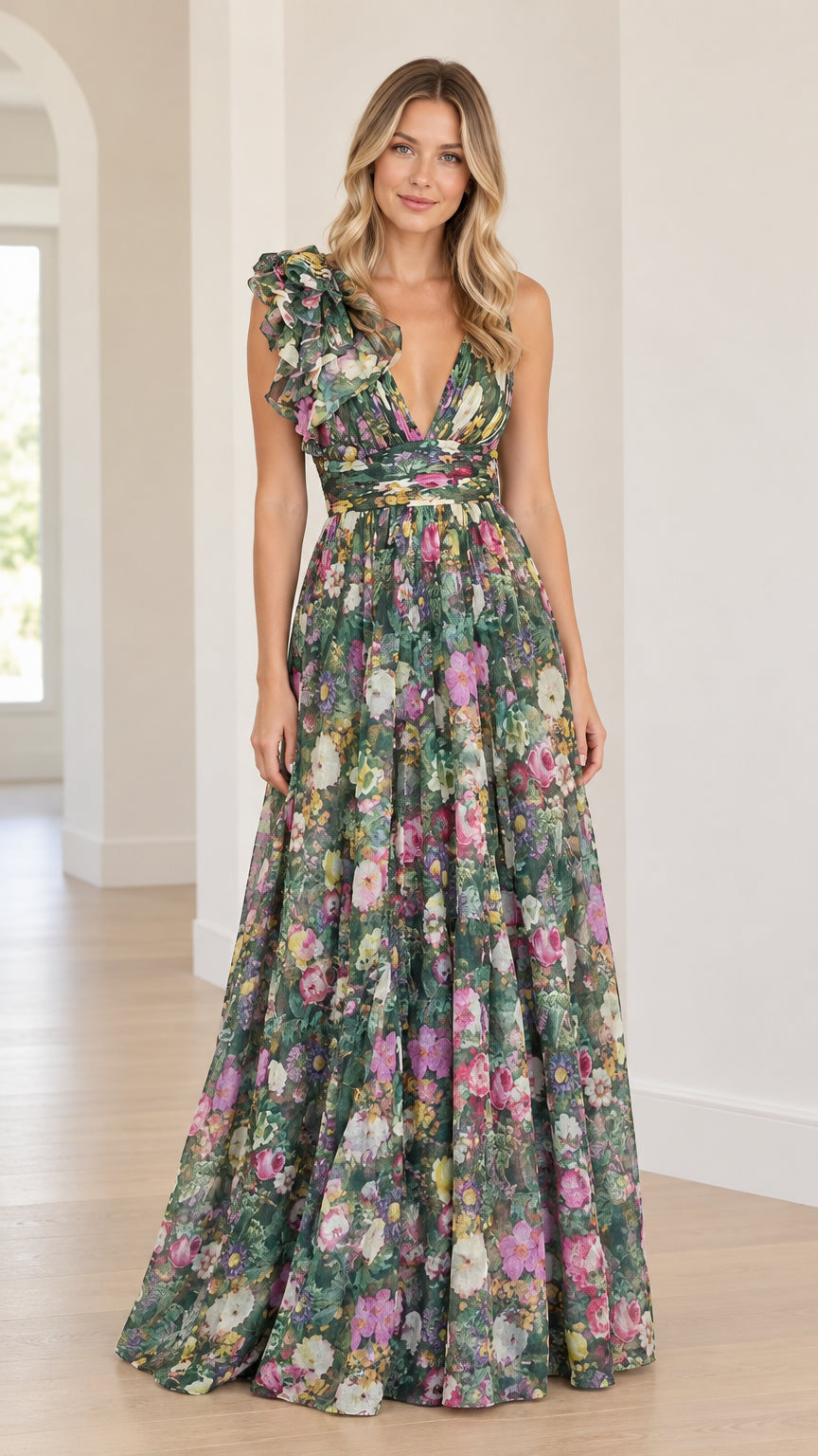Full front view of model wearing green floral deep V-neck maxi gown with ruffle shoulder