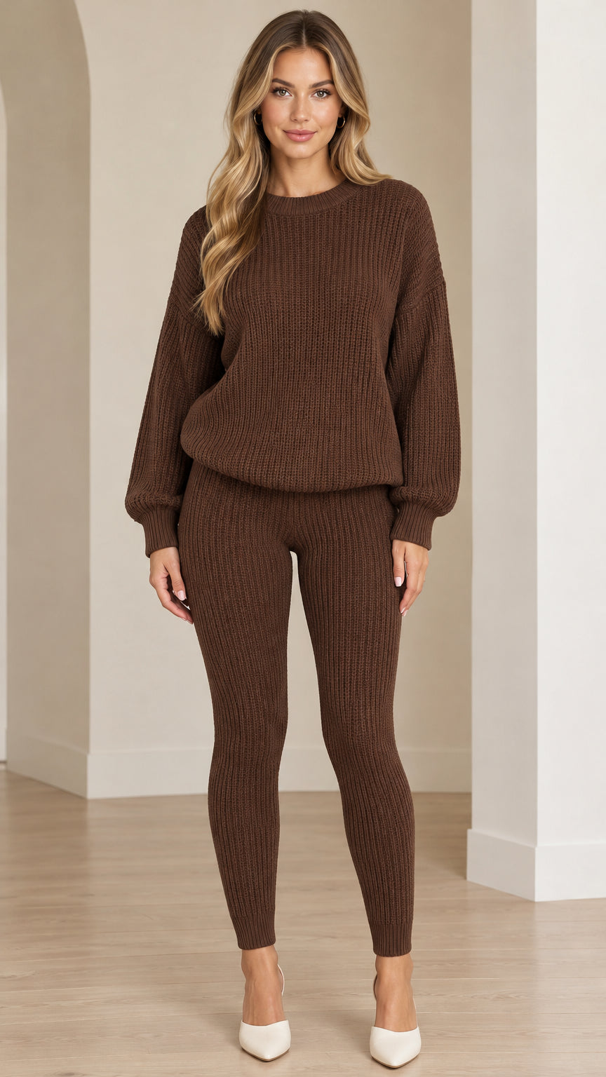 Front full-length view of woman wearing brown ribbed knit sweater and leggings set