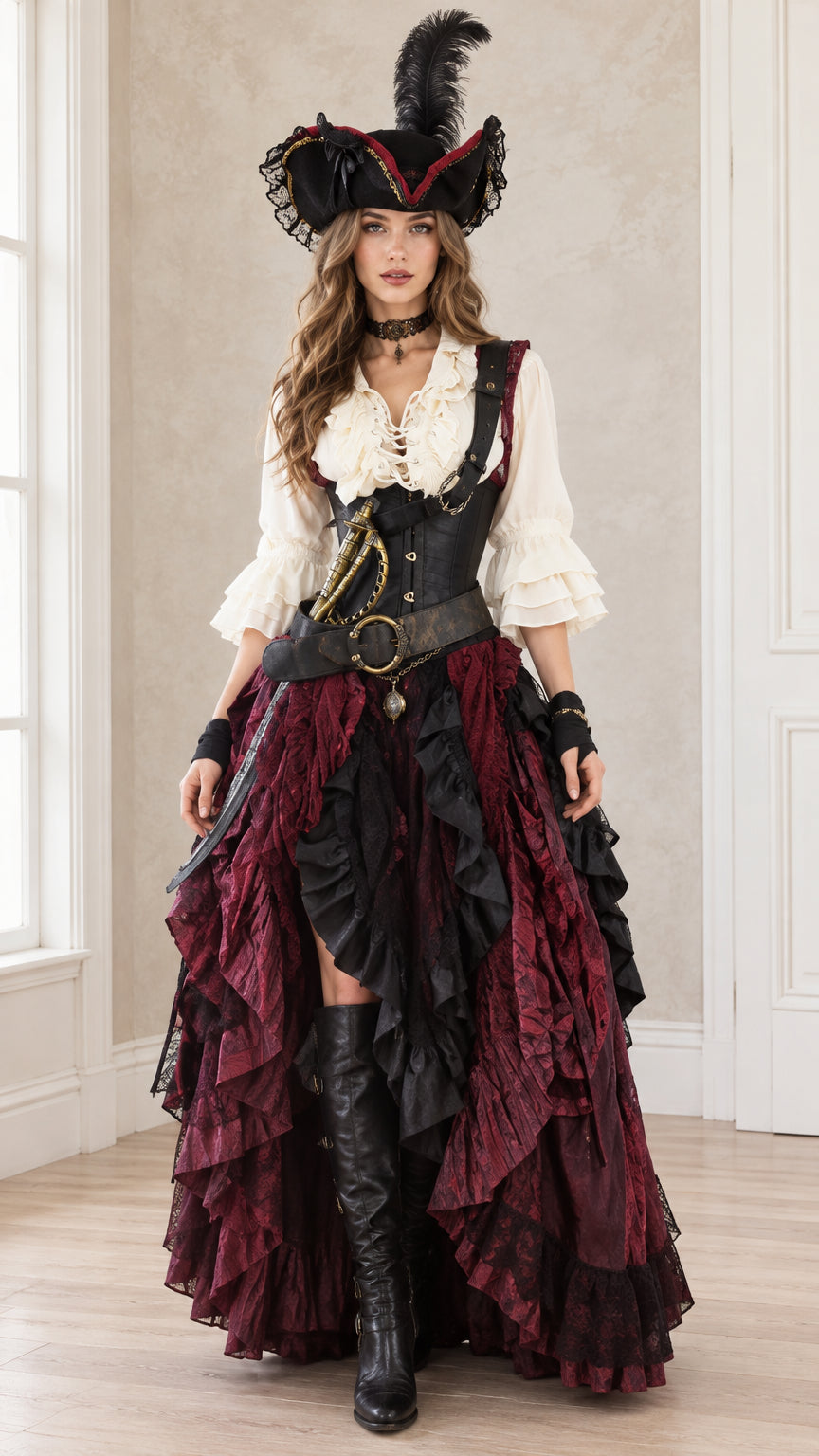 Front full view of women's burgundy and black pirate costume set with tiered skirt and corset