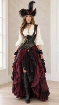 Front full view of women's burgundy and black pirate costume set with tiered skirt and corset