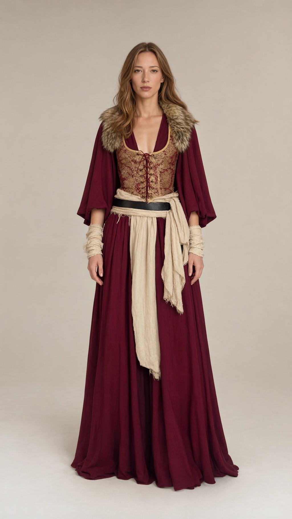 Full front view of women's Renaissance maxi dress in burgundy with faux fur collar and brocade bodice