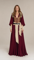 Full front view of women's Renaissance maxi dress in burgundy with faux fur collar and brocade bodice