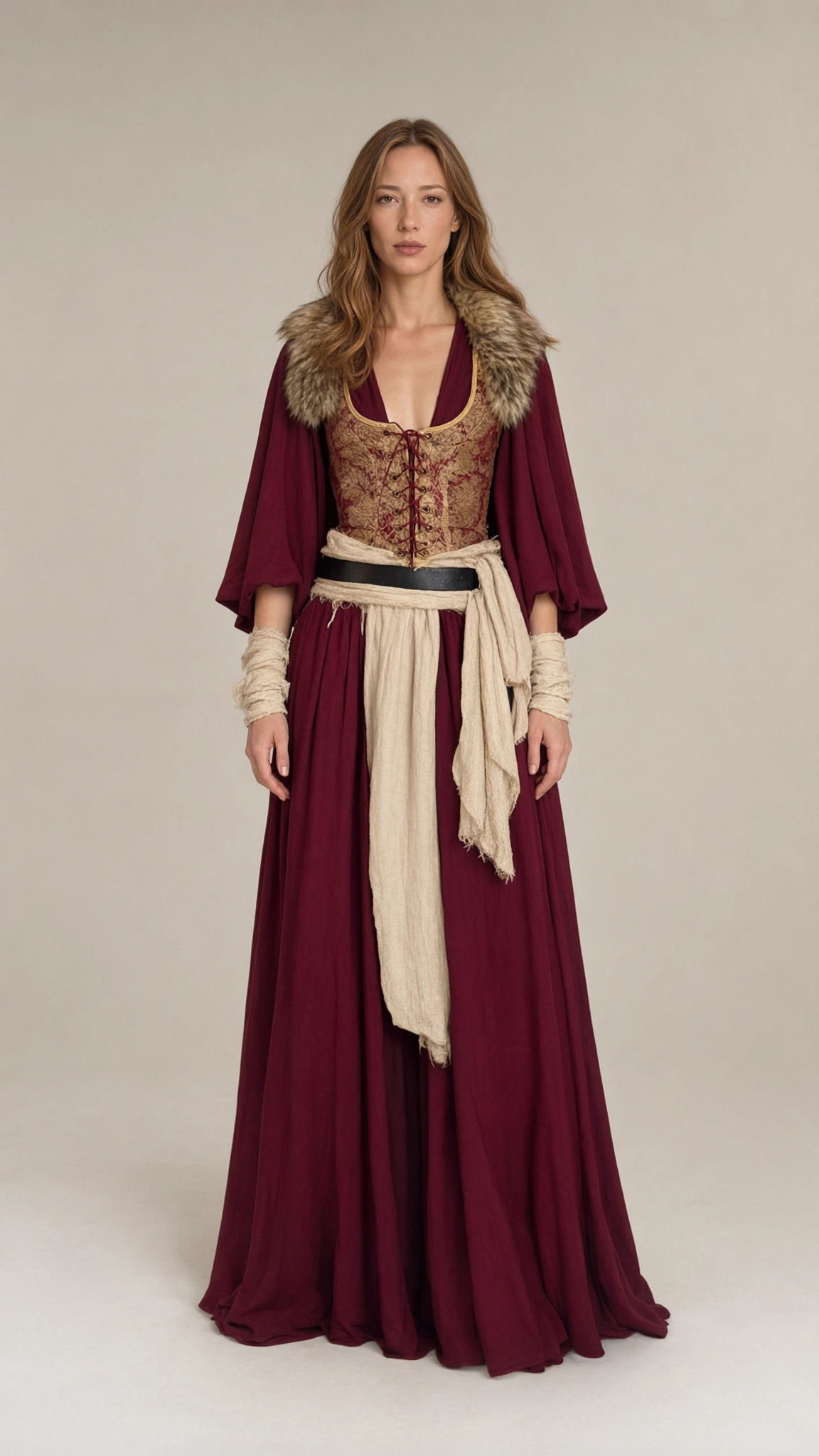 Full front view of women's Renaissance maxi dress in burgundy with faux fur collar and brocade bodice