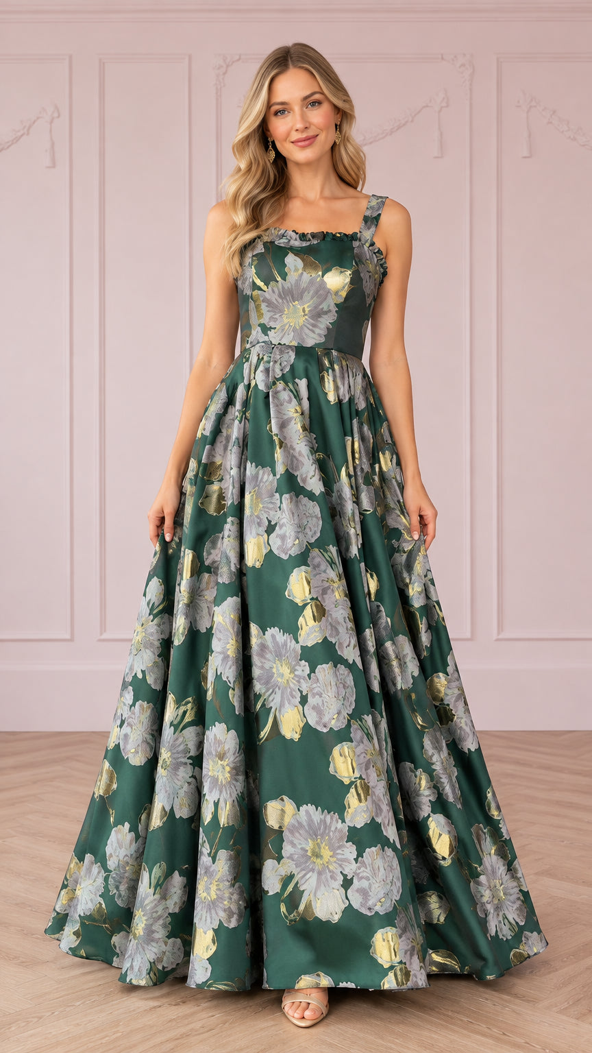 Front view of woman wearing emerald green floral jacquard sleeveless A-line evening gown
