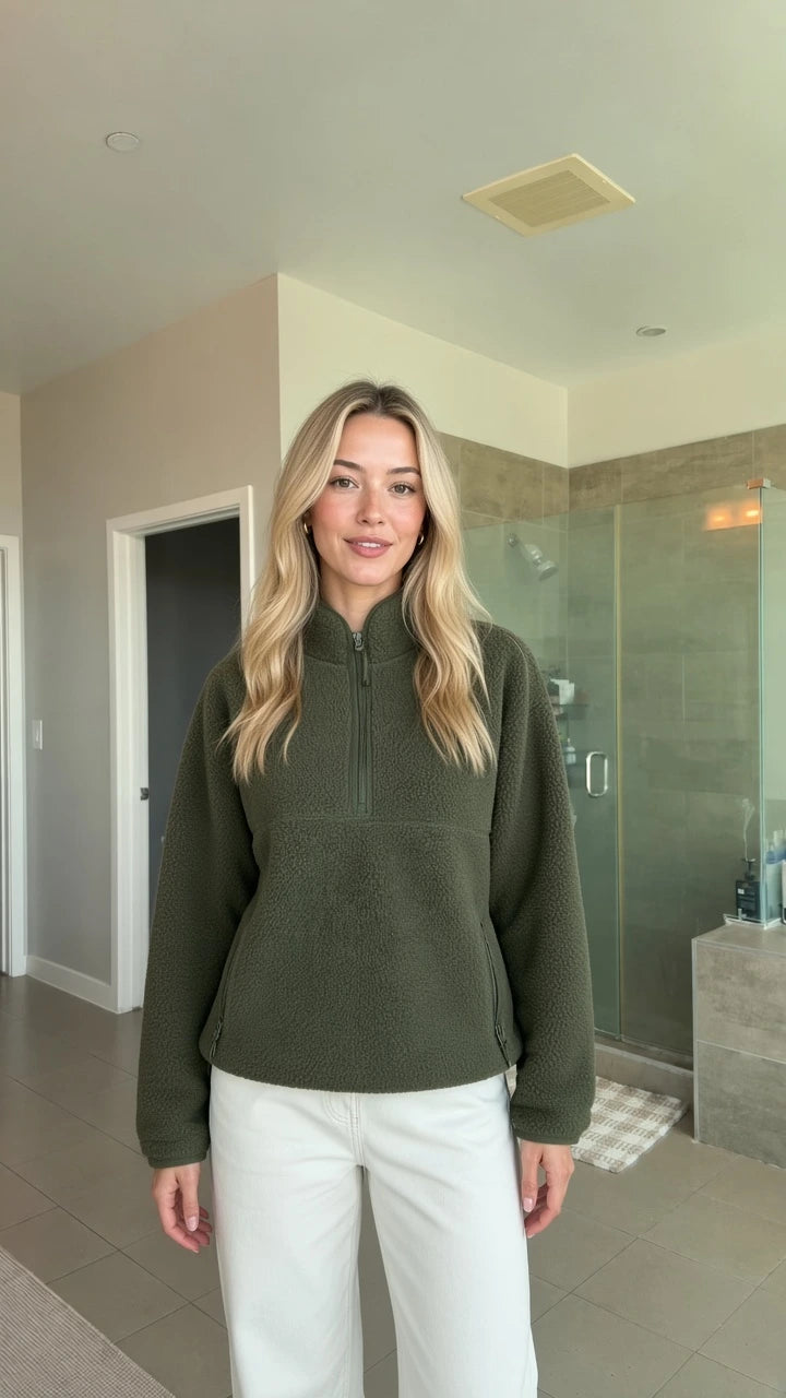 Model wearing army green half-zip sherpa fleece pullover sweatshirt front view