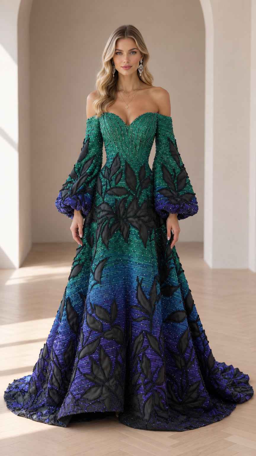 Front view of model wearing green and blue ombre off-shoulder beaded evening gown with lantern sleeves