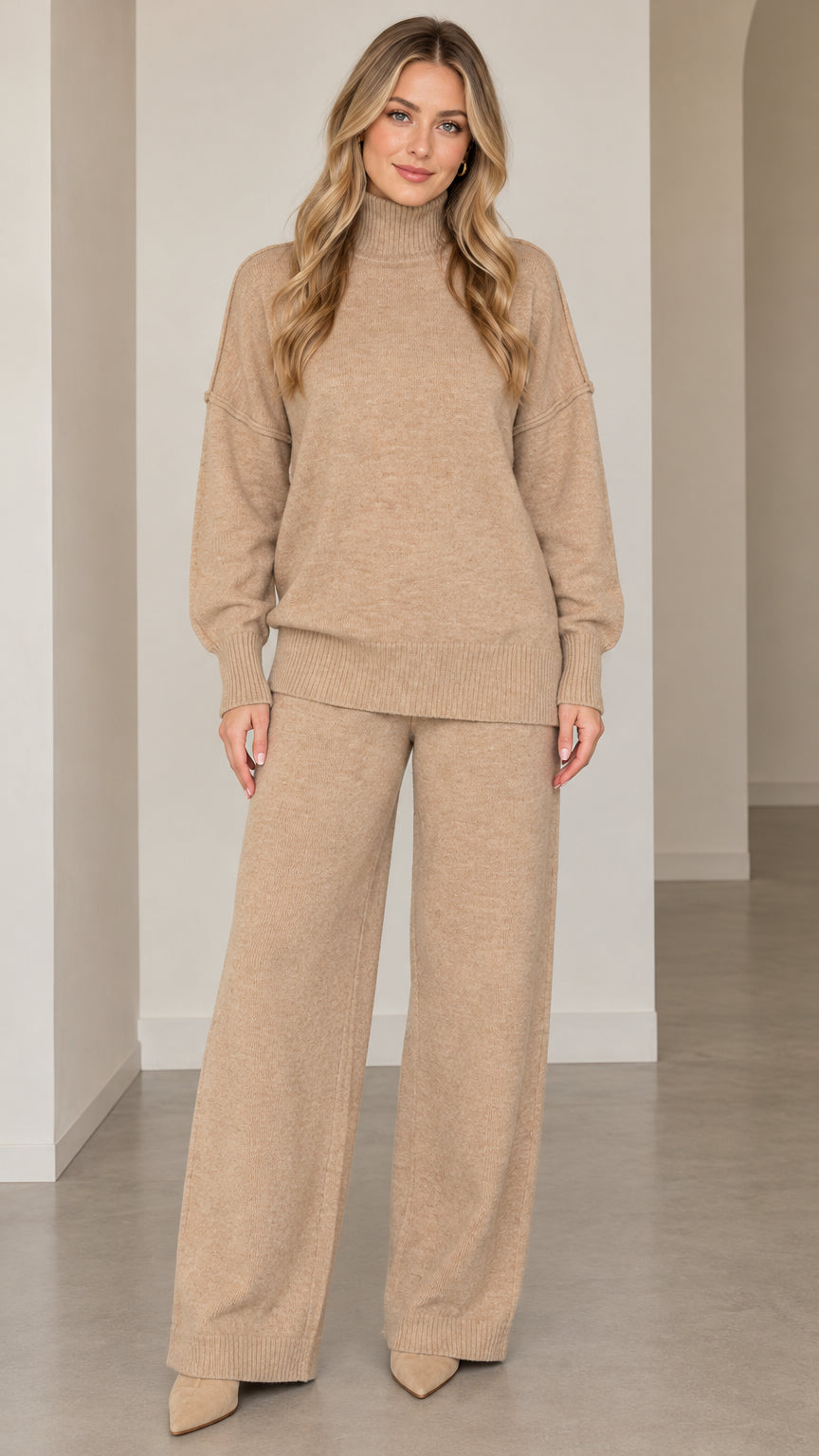 Front full-length view of model wearing beige knit turtleneck sweater and wide-leg pants two-piece set