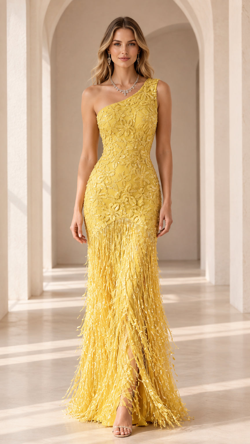 Full front view of elegant yellow one-shoulder sequin fringe evening maxi dress