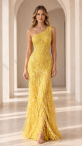 Full front view of elegant yellow one-shoulder sequin fringe evening maxi dress