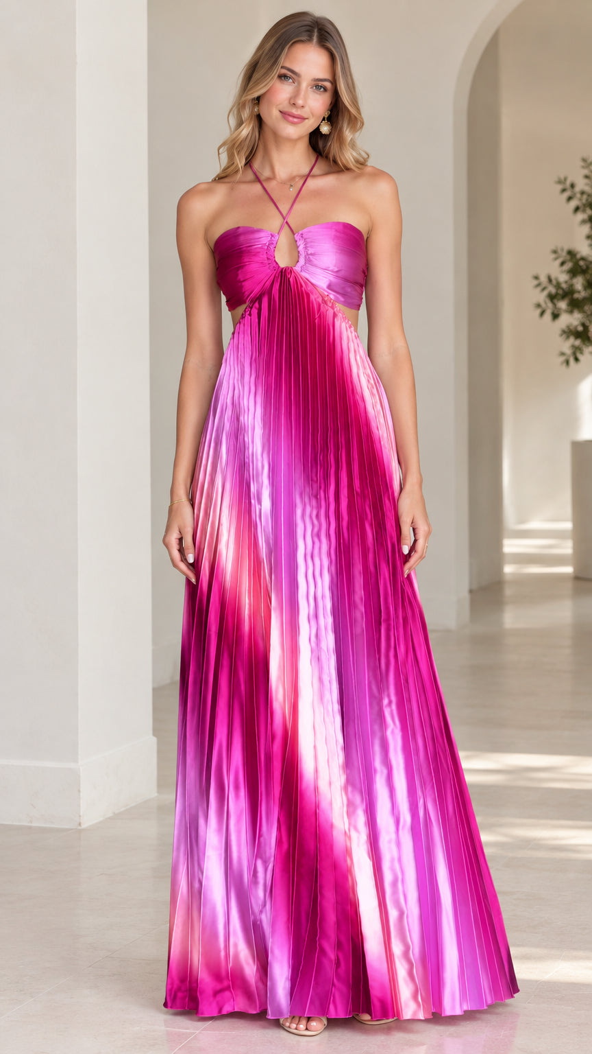 Front view of model wearing magenta ombre halter pleated cutout maxi dress