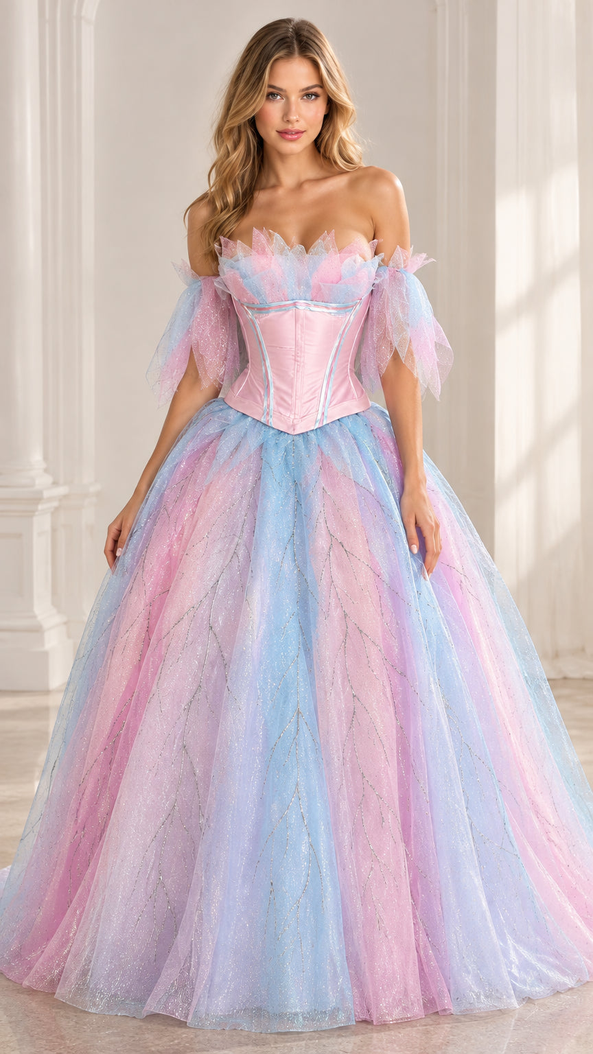 Front view of model in pastel pink and blue glitter tulle corset ball gown