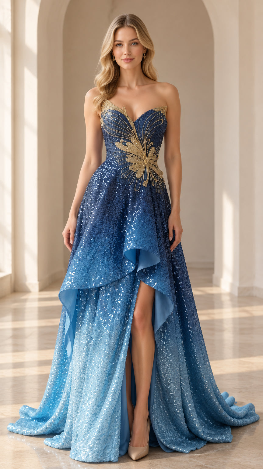 Front full-length view of the strapless royal blue ombre sequin evening gown with gold butterfly waist detail and front slit