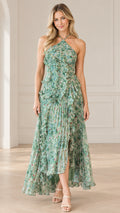 Front full-length view of model wearing sage green floral halter pleated maxi dress