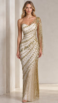Front view of champagne one-shoulder beaded evening gown with shoulder fringe