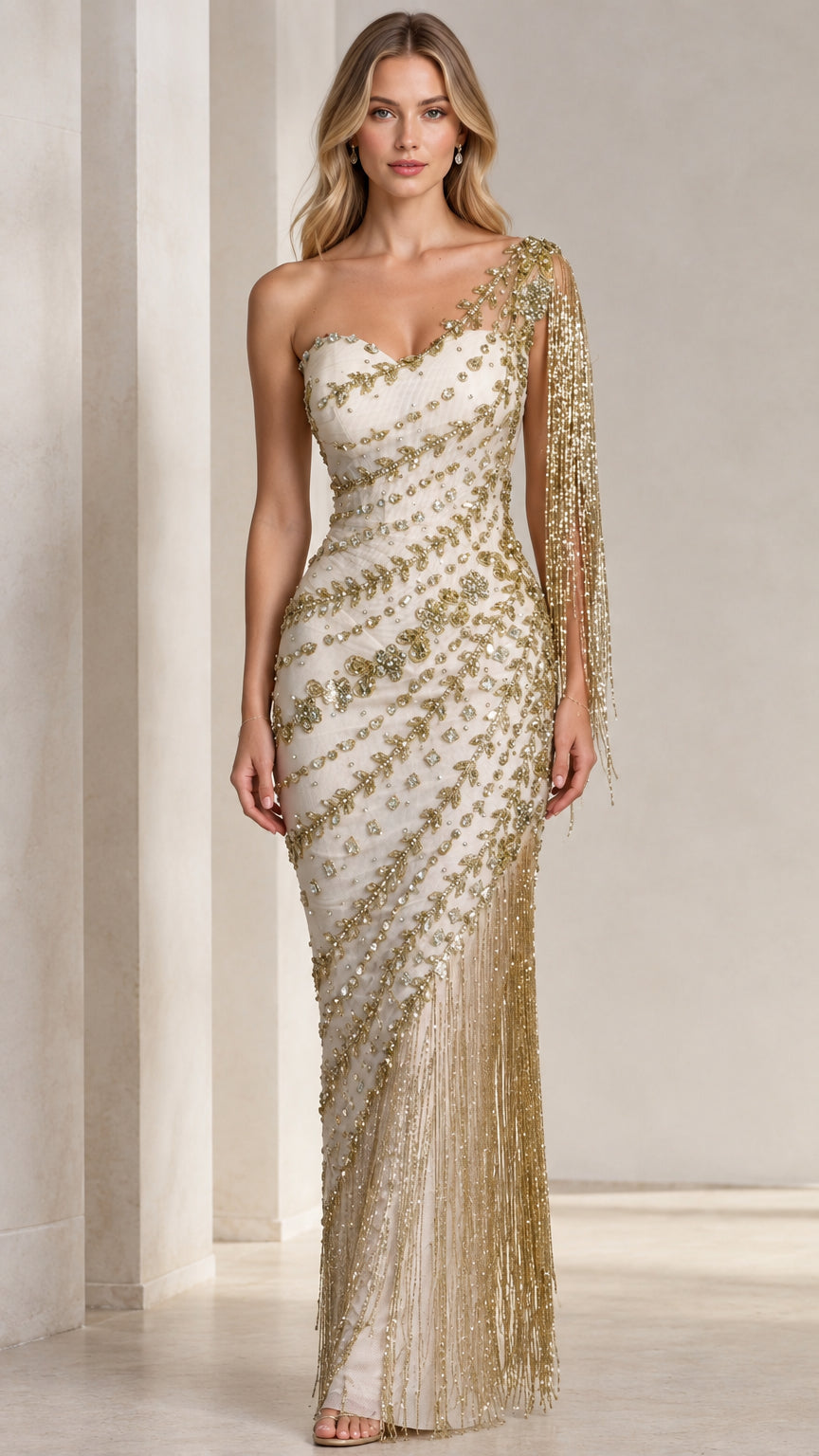 Front view of champagne one-shoulder beaded evening gown with shoulder fringe
