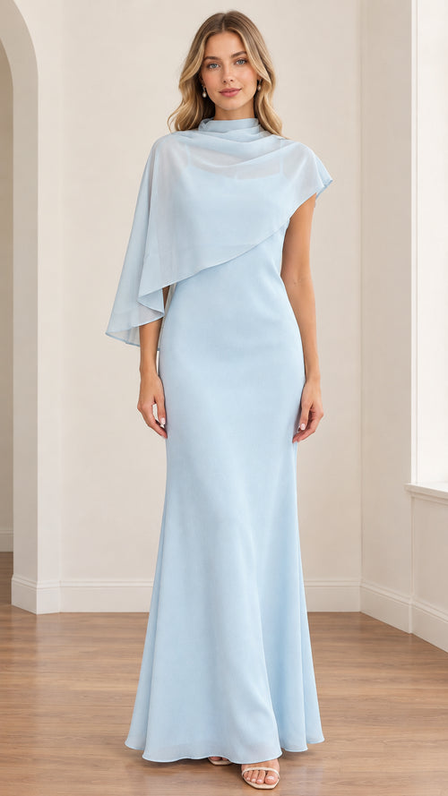 Front view of model wearing a light blue asymmetrical capelet high-neck evening maxi dress