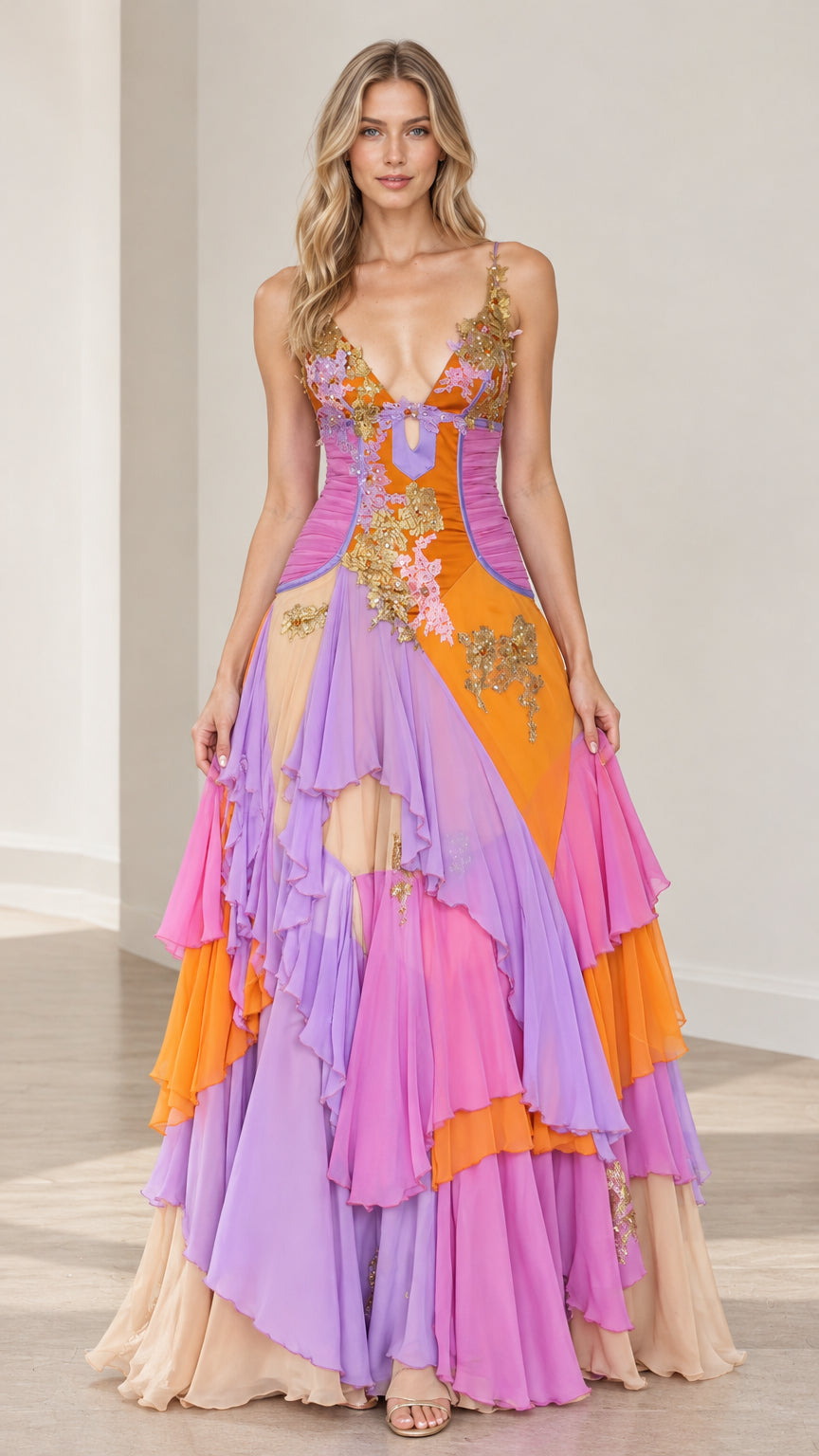 Front full-length view of model in multicolor tiered ruffle evening gown with embroidered lace bodice