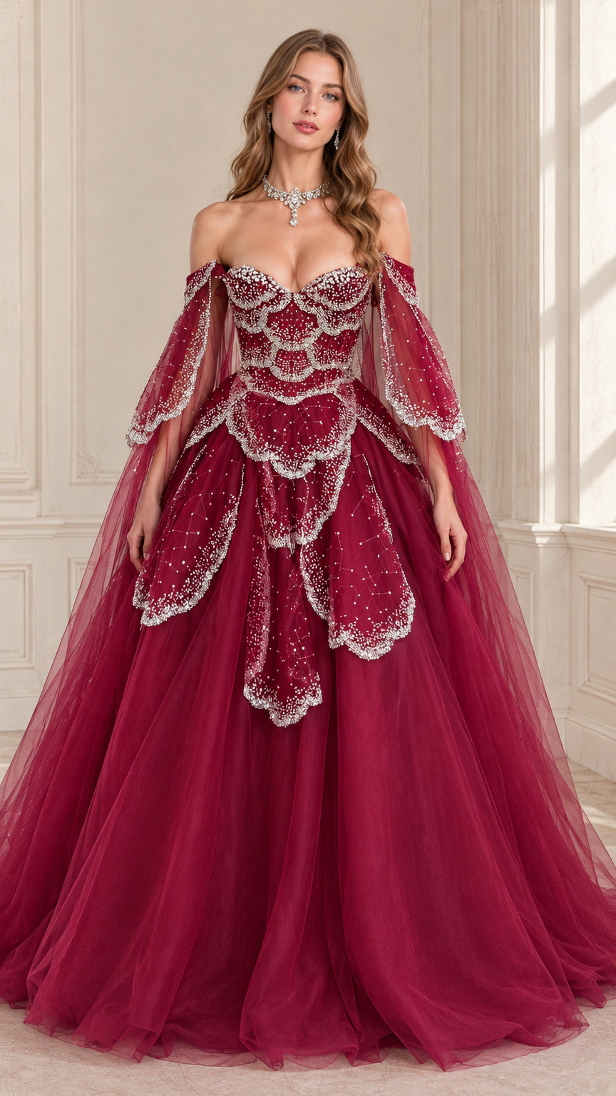 Burgundy off-shoulder beaded scallop corset ball gown front view