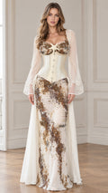 Front full-length view of woman wearing ivory starfish corset maxi dress with sheer bell sleeves