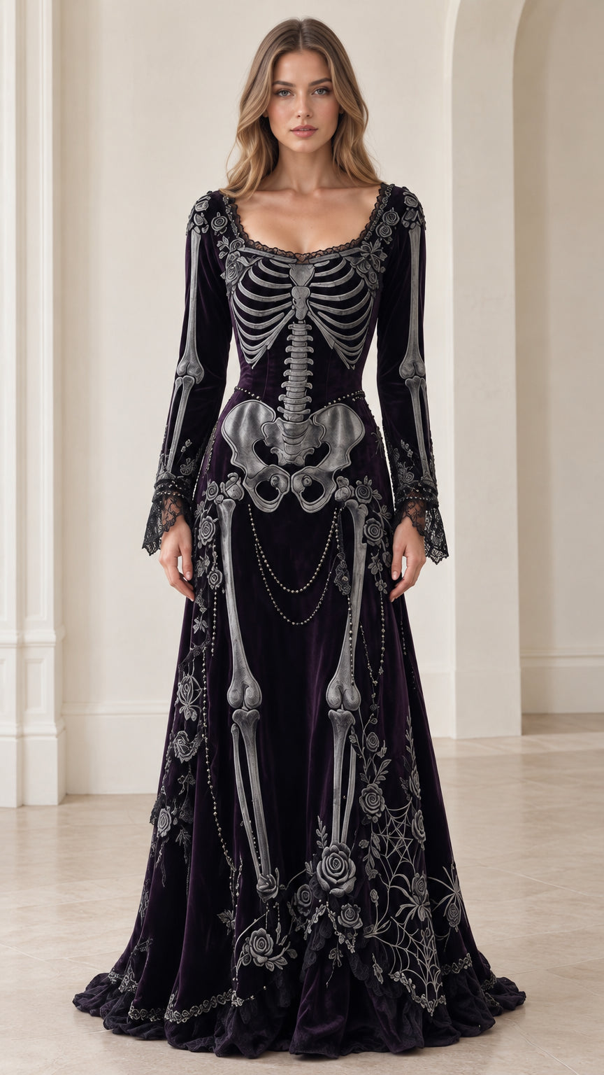 Front full view of deep plum velvet maxi dress with skeleton bone print and lace neckline