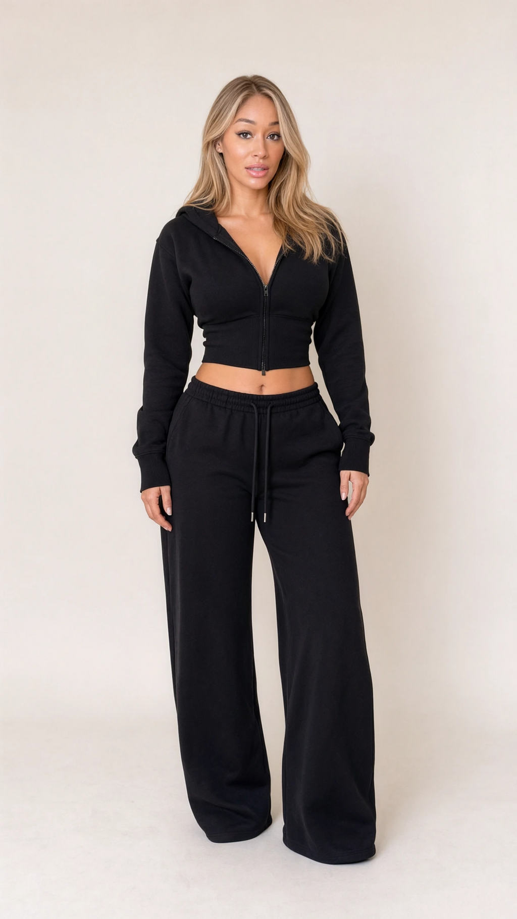 Front view of model wearing black cropped zip hoodie and wide leg sweatpants set