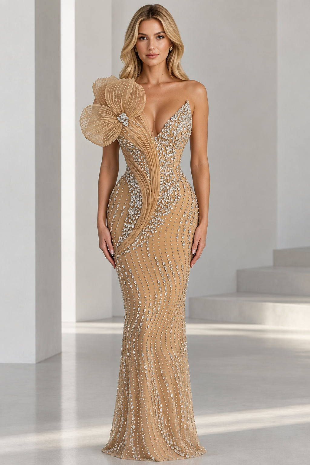 Front view of Champagne crystal embellished floor-length mermaid gown with 3D shoulder flower