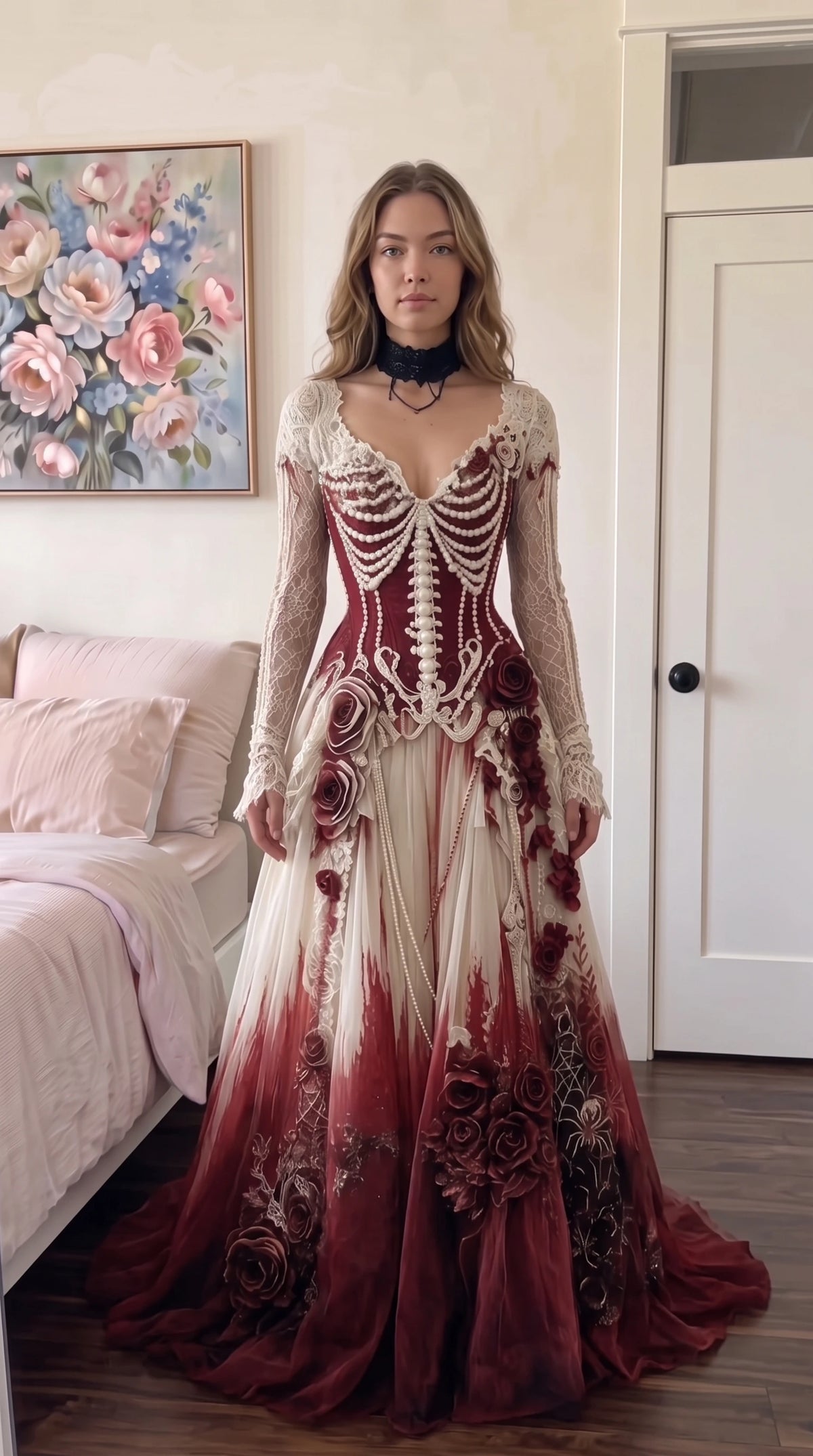 Full front view of Gothic evening gown in burgundy and cream ombre with pearl corset and lace sleeves