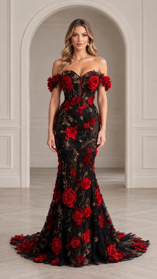 Front view of black mermaid evening gown adorned with red 3D floral roses and off-the-shoulder neckline