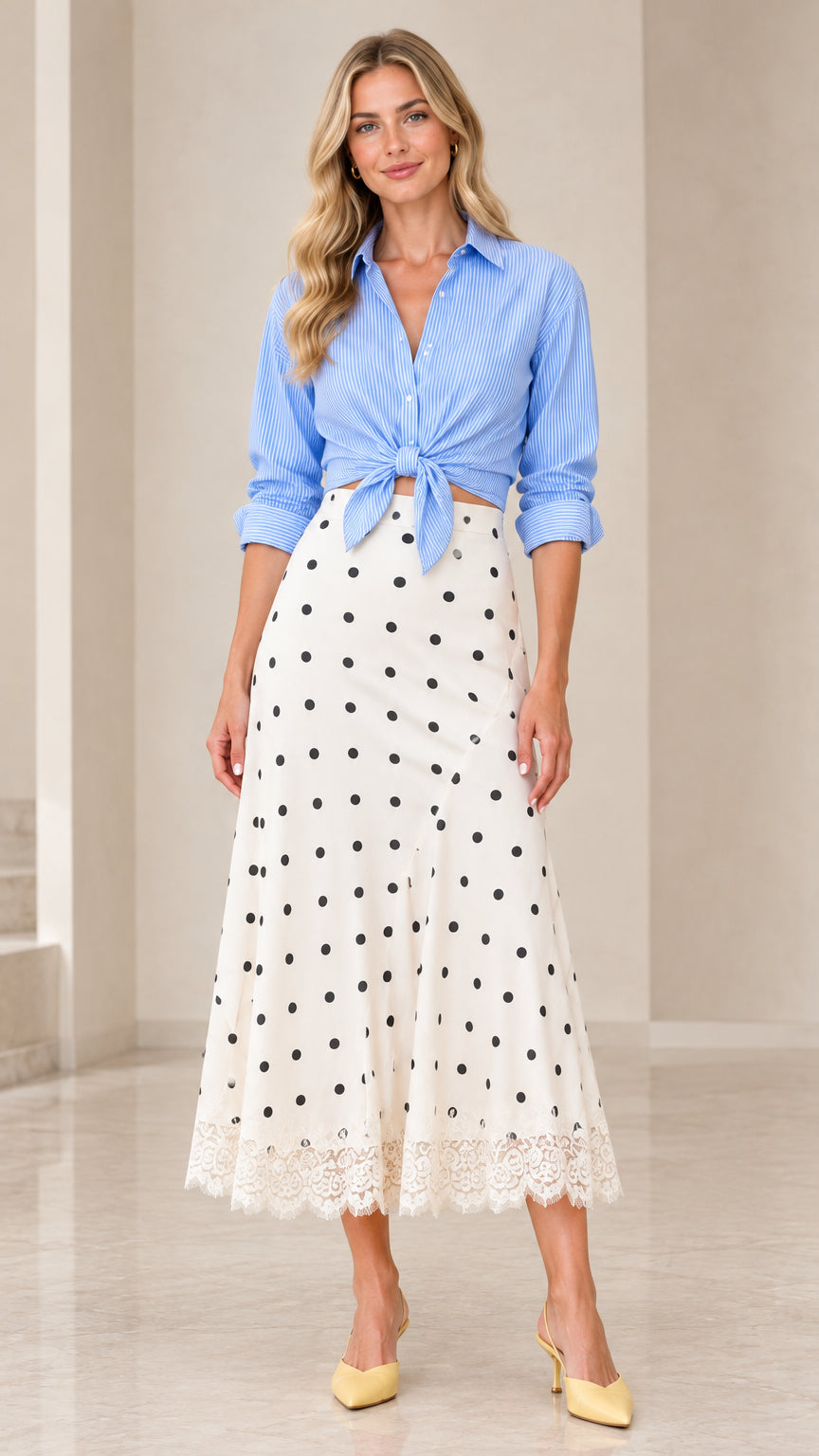 Full front view of blue striped tie-front shirt and white polka dot midi skirt with lace hem