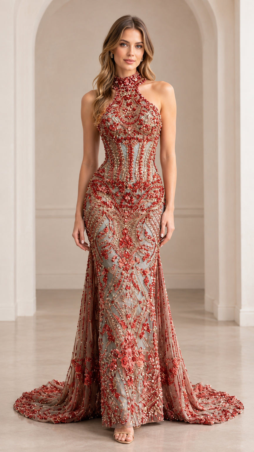 Front view of model wearing rust red embellished high-neck halter mermaid evening gown