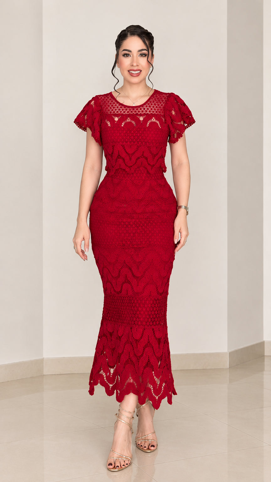Front view of woman wearing red short sleeve scalloped lace mermaid dress