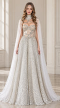 Front view of model wearing silver sequined sweetheart evening gown with high-neck sheer cape