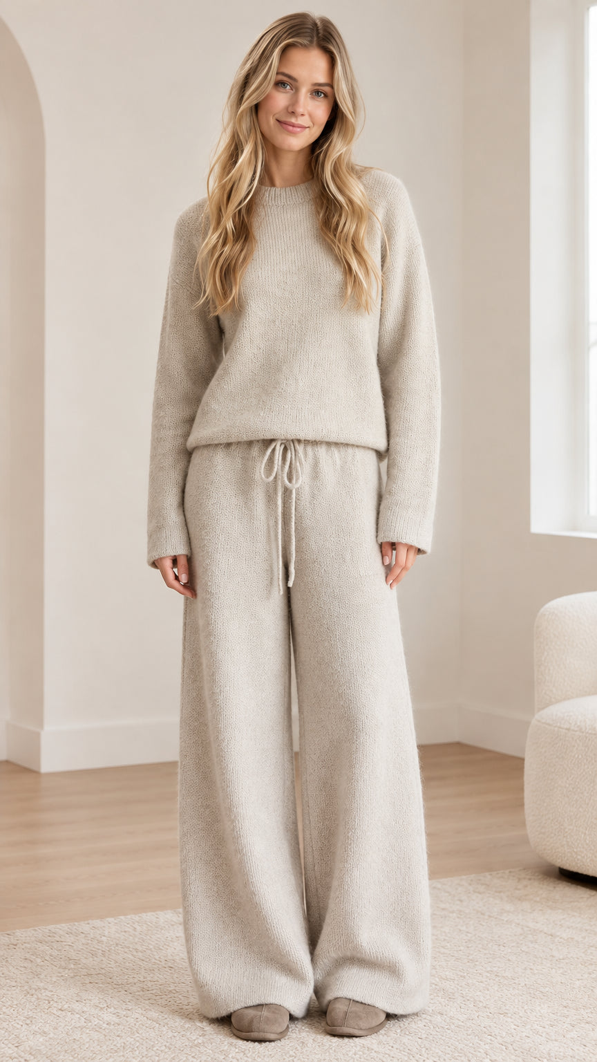 Front full view of woman wearing oatmeal knit sweater and wide-leg lounge pants set