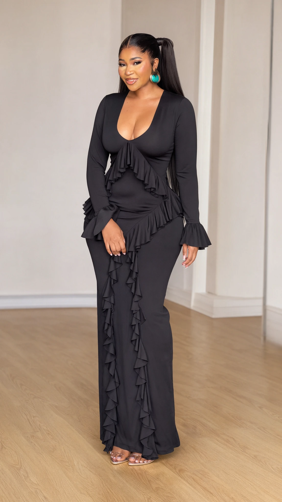 Front view of model wearing black scoop neck long sleeve maxi dress with cascading ruffles
