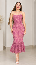 Front full-length view of woman wearing Dusty Rose floral lace mermaid midi dress with pearl straps